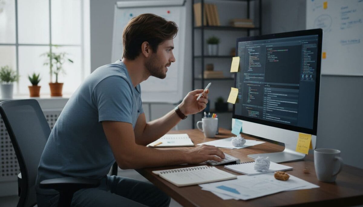 shows a focused beginner coding an AI project at a home