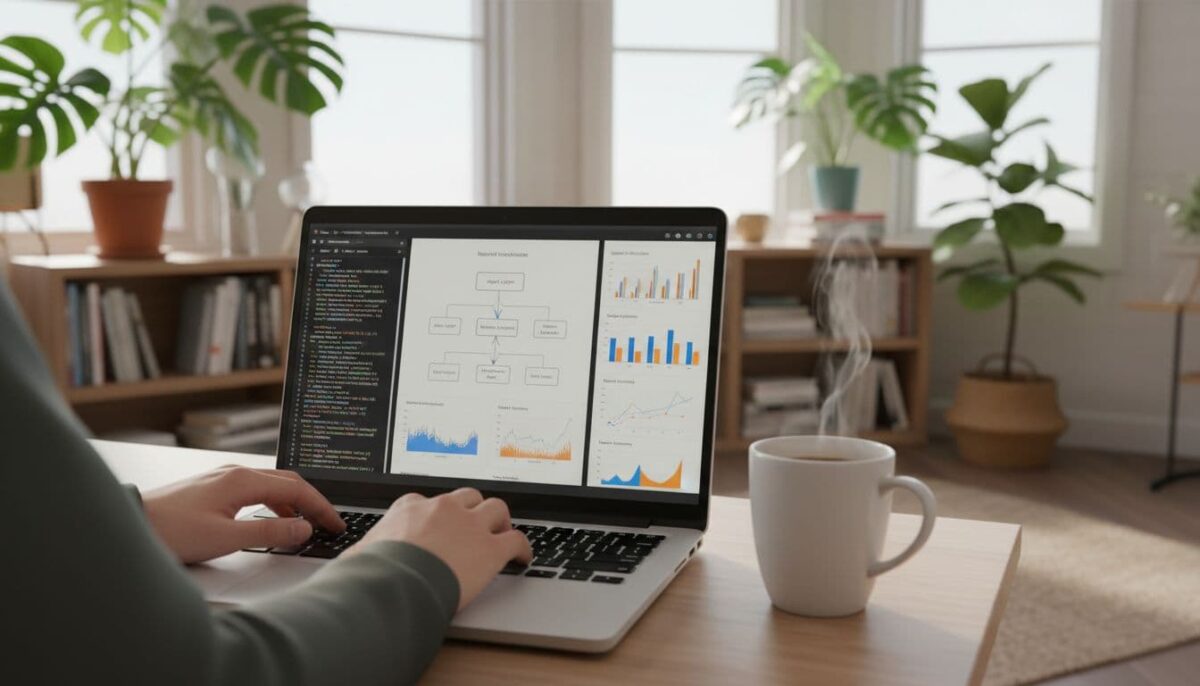 AI work from home jobs
Modern home office with a laptop showing AI code and diagrams, natural light, plants, and a focused setup