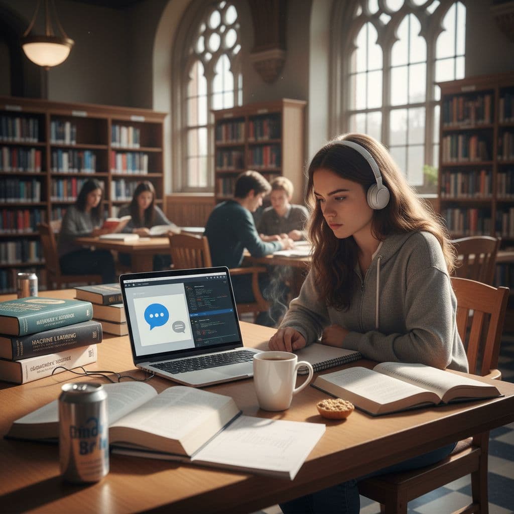 College student using a laptop with AI tools open, sitting in a campus library with notebooks and textbooks nearby. Image created with AI.
