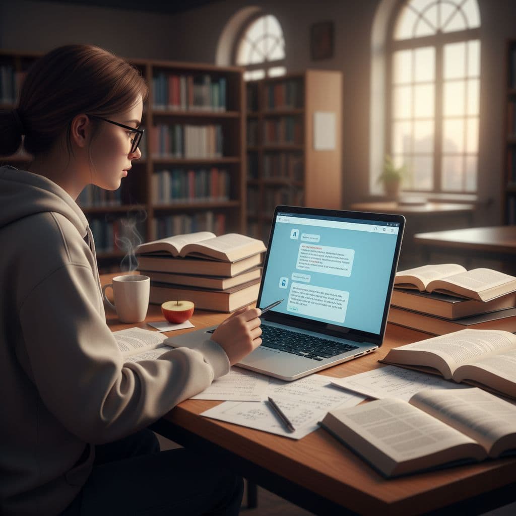 A student sits at a desk using a laptop with an AI chatbot on screen, surrounded by textbooks and handwritten notes in a photo-realistic style.