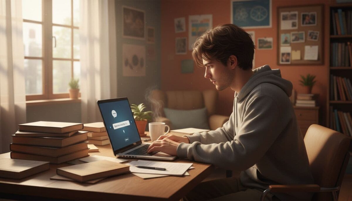 student typing ai prompt laptop cozy room