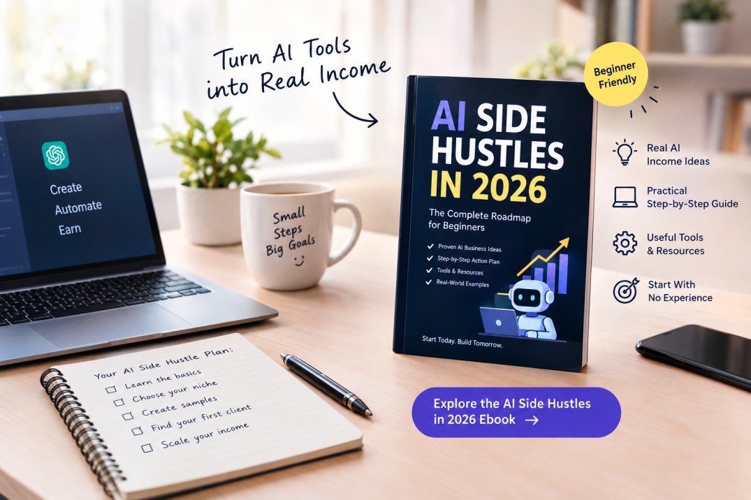 AI Side Hustles in 2026 ebook roadmap for beginners with practical AI income ideas